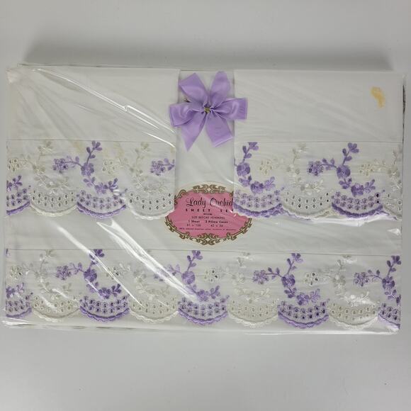 VTG Sheet Set Lilac Floral Embroidered Eyelet Cotton Lady Orchid NEW Old Stock - Picture 3 of 16
